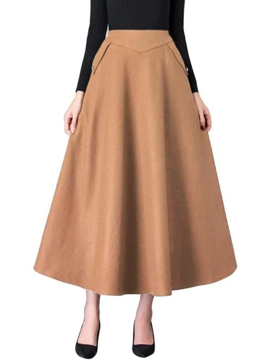 Dresses & Skirts - Women's Khaki Fall Winter High Waisted Wool Plaid A-line Long Pocket Maxi Skirt